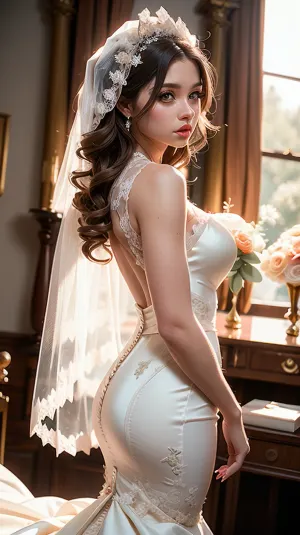 The woman in the wedding dress was a tall, slender woman with long wavy hair and big blue eyes. She wore a sexy lace and silk wedding dress that hugged her curves tightly. Her skin was smooth and creamy, with a faint blush on