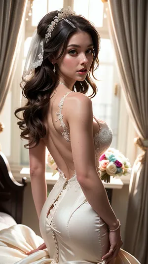 The woman in the wedding dress is wearing a sexy lace and silk wedding gown with a low-cut bodice, blushing expression, big blue eyes, thick wavy hair, seductive face and thick skin