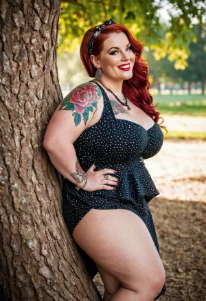 A 40-year-old woman with a big round ass, thick thighs, and a middy tattoo on her tummy poses under the tree in a dynamic photo with large earrings and necklaces