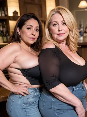 Deux femmes, une femme de 60 ans et sa copine brune, sont assises dans un bar. La femme porte un haut serré qui montre son décolleté et a les mains sur la table. Sa femme la regarde avec