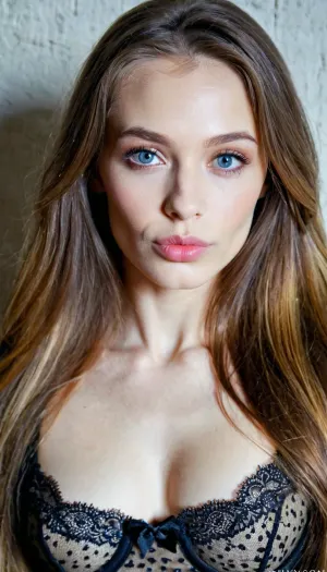 The AI generated a picture of a beautiful woman with supermodel face, Ukrainian makeup, wide jawline, small chin, gray-blue eyes, luxurious long hair and pale skin