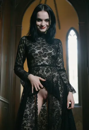 La ragazza goth è entrata nella stanza illuminata, il suo grande coltello in mano. Era vestita con un vestito gotico in pizzo trasparente che abbracciava perfettamente le sue curve. La sua figa liscia si scintillò con l'anticipazione mentre si fece strada verso l'immagine