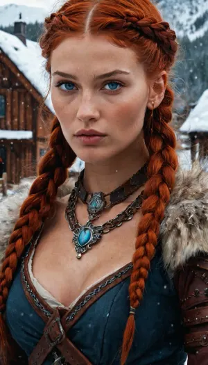 Um guerreiro viking feroz donzela com um estilo único e características inspirados pelas características únicas de uma mistura Sasha Luss e Bella Hadid, em pé firmemente no centro de uma aldeia rústica com cenário nevado fornecendo um contraste de estrela. Os olhos azuis