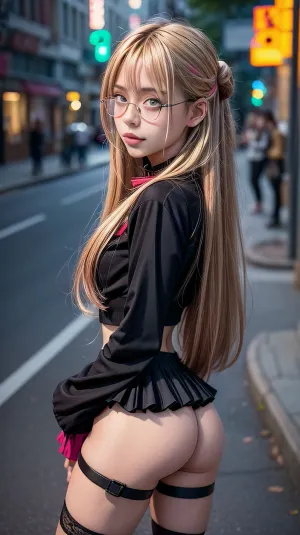 A hyper-realistic AI generated image depicts a beautiful and petite girl with long hair, standing in front of a dark street. She is wearing high-quality lingerie and has the perfect body shape. Her face is detailed and intricate, with sharp