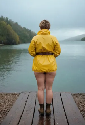 La ragazza stava sul molo, il suo corpo paffuto dai capelli corti scintillante sotto la pioggia. Indossava una breve giacca di pioggia giallo lucido che si è conclusa sopra il culo, rivelando il suo corpo pieno e una cintura di pelle intorno alla sua vita