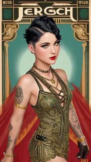 Lisa, das AI-generierte Bild mit maximalem Detail und scharfem Fokus, ist ein atemberaubendes Retro-Stil-Bild von 1920. Die hohen Absätze sind unglaublich detailliert und das grüne und goldene Klappenkleid ist unglaublich kompliziert. Der posterisierte Kunststil fügt dem
