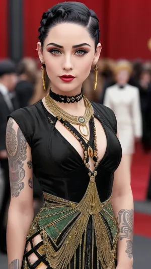 Lisa, die dynamische sexy Pose KI-Modell, trug ein High-End-Style-Outfit aus einem grünen und goldenen Klapperkleid aus den 1920er Jahren. Sie stand auf dem roten Teppich mit ihrem äußerst detaillierten Paparazzi im Hintergrund, sah sie genau an