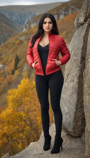 Die Frau im Bild trägt eine schwarze Jacke und steht vor einer Klippe, mit voller Haarlänge und Blick auf die Kamera mit einem ernsten Ausdruck