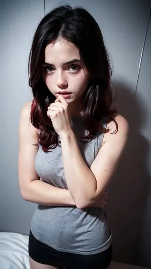 裸体的女人为摄影师摆姿势,她的红发流下她的背部,蓝眼睛闪烁着欲望. 她穿着紧身的黑色和红色的裙子,紧紧地拥抱着她的曲线,秀出她的光滑的皮肤和完美的乳房. 她的嘴唇满了