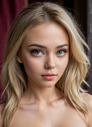 The young, attractive girl with a perfect face and symmetrical features is the epitome of beauty. She has an adorable face with a small nose tip, wide eyes, and long eyelashes. Her perfect skin texture and slim figure make her look like