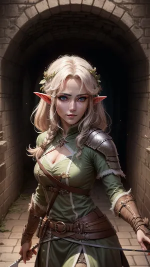 The adventurer, a skilled archer, entered the dark and mysterious underground tunnel. As he ventured deeper into the unknown, his eyes were drawn to a stunning picture of an elf girl with high detail and very detailed face. The picture was so