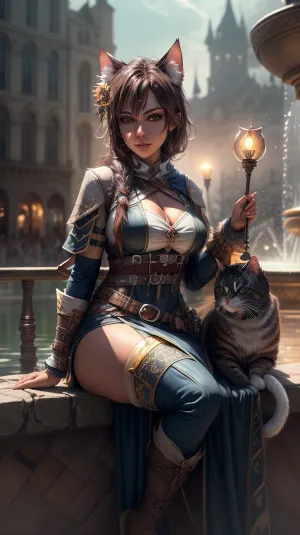 L'aventurier assis près de la fontaine sur la place publique, admirant la beauté d'une haute résolution 4K AI a généré l'image d'une belle chat fille assise dans un lieu public. Elle était perdue dans la pensée, admirant les détails complexes d'elle
