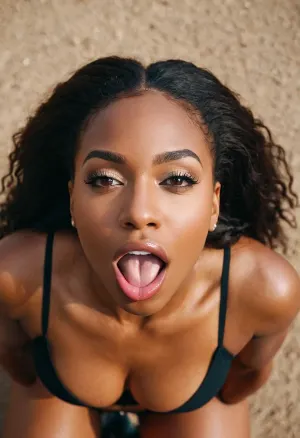The ebony girl kneeled before him, waiting for her next instruction as she looked up at him with longing in her eyes. Her mouth was open and she licked her lips in anticipation as he stroked his cock, watching the cumshot hit