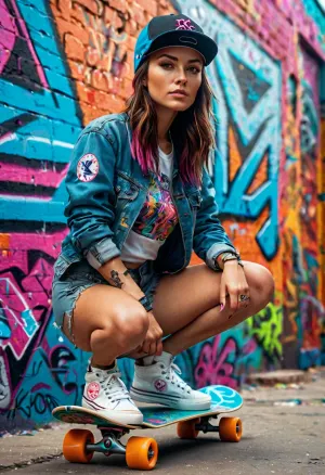 A woman stood on her skateboard, ready to capture the vibrant colors of the cityscape. She wore a high-quality camera in her hand, ready for anything. The mood was edgy and exciting, with high-quality artwork masterfully generated