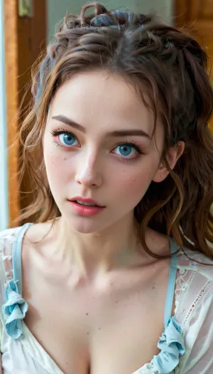 A young fitness model girl lies on her back, covered in sweat and cum, with piercing eyes and long messy hair. She invites the viewer to join her in their own sexual fantasy