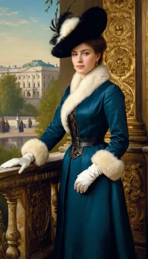 The painting depicts a young woman in Nevsky Prospect near the pavilions of the Anichkov Palace, wearing a velvet hat trimmed with elegant light feathers, a coat decorated with fur and ribbons, a muff and thin leather gloves made of