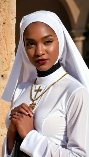 A curvy young girl with a dark mocha skin tone, alluring eyes, and a thick erect nipple stared at the camera with a seductive smile. She was wearing an alluring catholic nun wig and a heavy breast implant