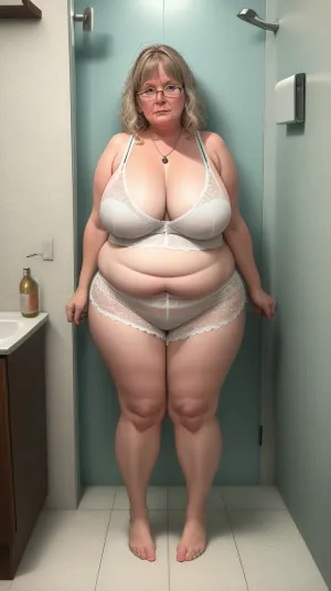 一个穿着肮脏,撕裂,和皱纹的裙子和丝袜的50岁女性站在一个肮脏,杂乱的浴室里,有肮脏的盘子和眼镜散布在四周. 她拿着一瓶酒和抽烟 她的头发是