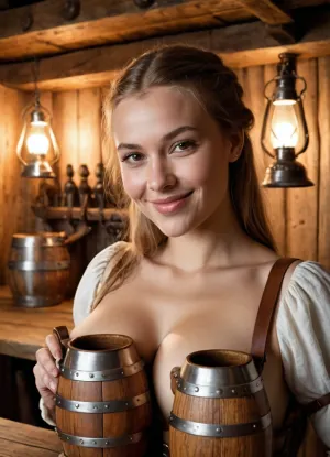 एक मध्ययुगीन tavern, शरारती लकड़ी के टैंकर्ड और ग्रैनिंग आंखों के साथ, एक युवा महिला का ध्यान आकर्षित करती है। वह मदद नहीं कर सकते लेकिन आदमी की शरारती winks और grins द्वारा intrigued