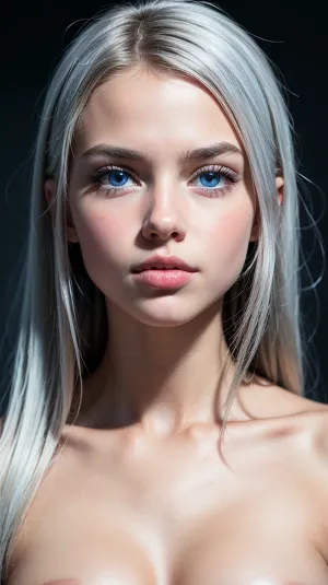 A stunning 18-year-old woman with the most beautiful eyes in the world had a small tattoo on her right breast, which was generated by an AI model using text prompts. Her piercing blue eyes were captivating, and her perfect body was