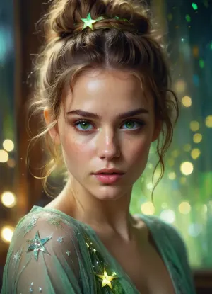 The young woman in the picture is captivating, with her dreamy green eyes and makeup that creates a magical atmosphere. Her glossy hair flows down her back, and she wears a glittering dress that seems to shimmer in the light