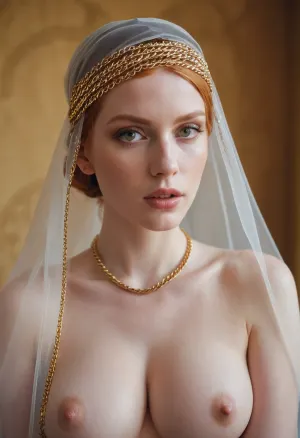 AI üretilen resim, altın bir yüz veil ile tam bir vücut zinciri gösterir. Ginger saçlar zincirle görünür ve büyük yuvarlak silikon boobs zincirle görünür