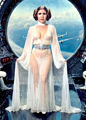 The princess Leia stood on the Death Star with perfect posture, perfect fingers, high resolution, cinematic lighting and textured leather