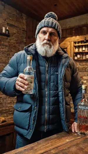 Athanasius, 수염과 패딩 재킷이있는 할머니는 모자 모양의 영감으로 vodka 병을 사용하여 자신의 할머니의 좋아하는 장난감의 그림을 뜨개질을했다