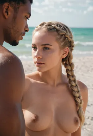 Un nudo bionda di 19 anni Ragazza texas posto nudo sulla spiaggia di Miami con corpo pieno, capelli biondi intrecciati, la pelle dettagliata baciata dal sole, in posa nudo sulla spiaggia di Miami con BSP