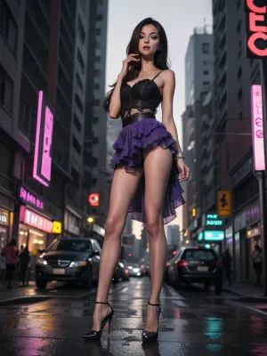 夜晚未来城市街道的尼永朋克风格被明亮的光芒照亮. 丝袜和蕾丝丝袜的晶体清晰的焦点 透过她的细腻衣服可见, 有一双高跟鞋加进她身上