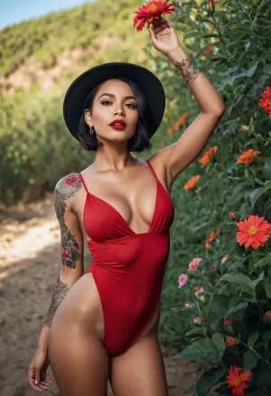 The girl stood alone in the sun, her skin a deep shade of brown. She had long hair that cascaded down her back, and a tattoo on her arm that she was very proud of. Her swimsuit was sleeveless and hugged her curves