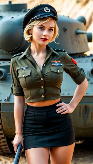 A 25-year-old German army officer with a tiger tank in the background is captured in an 8K HD DSLR camera with a retro-style shirt and a retro collar. Her breasts are visible through her tight tank top, adding to the