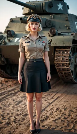 Una donna WWII USA Army Officer si trovava di fronte a una vasca Sherman, la sua fotografia DSLR professionale con una fotocamera Canon cattura la più alta qualità. Il suo corpo 8K HD era visibile attraverso la camicia, e il suo fuoco morbido in background era perfetto per