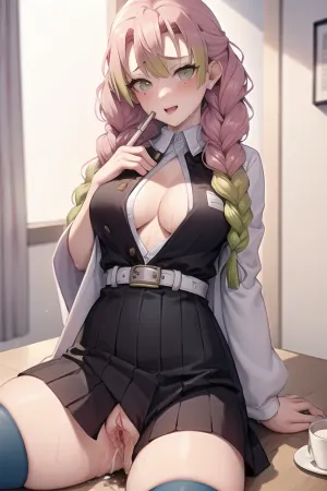 The demon slayer was in the office, working on her latest assignment. She had a picture of a beautiful woman on her desk, and she couldn't help but imagine what it would be like to have those legs wrapped around her head while she sucked