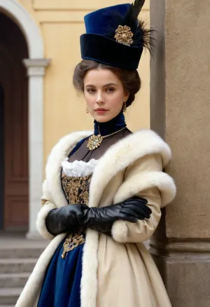 The painting depicts a young woman in the Nevsky Prospect near the pavilions of the Anichkov Palace, wearing a velvet hat trimmed with elegant light feathers, a coat decorated with fur and ribbons, a muff and thin leather gloves made