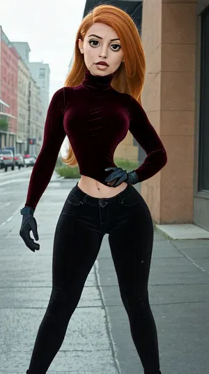 Kim Possible, the muscular woman with perfect face, toned abs, and long legs in a black jean and green bikini top pose in New York City street