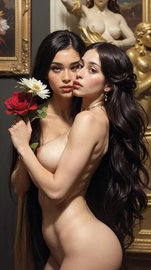 The painting depicts a sensual and beautiful scene of four beautiful women kissing, caressing, and holding each other. The oil painting is in the impressionist style with high-quality colors and light-colored clothes. The model girlfriends are wearing very