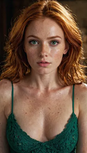 A 20-year-old elf woman with pointed ears, slim waistline, dimpled cheeks, full lips, and a small A-cup is the protagonist of a photorealistic cinematic shot. She has freckles on her face and