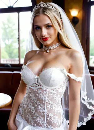 一个美丽的年轻女子身着婚纱 头上戴着丝带和面纱 站在一个白色背景前的 她有全长的红唇, 金发, 和明显的裂痕