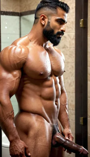 The photorealistic AI generated porn picture of the Muslim bodybuilder with long beard, muscular and wet hair, tattoos, masculine arab face, side view, bathroom, seductive detailed hi-res 8k 4k beautiful depth of field bo