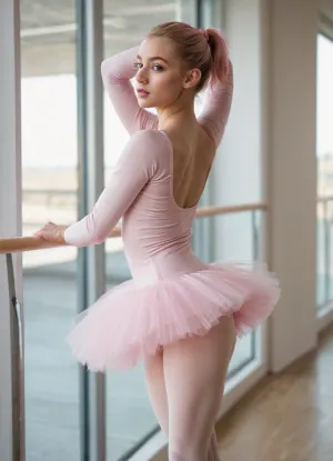 The young girl with bright pink hair and bright pink tutu stood in the studio, determinedly practicing her dance routine. Her eyes were closed as she concentrated on her dance routine, and her toes gripped the bar with both hands. She looked like