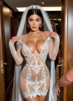 Resim, sıcak eşi Koh_KylieJenner ile şeffaf bir düğün mini elbise gösterdi, büyük bir boobs ve curvy gövdesi giyiyordu. Onun önünde üç adam vardı, tüm dev boobs ve kapıdan
