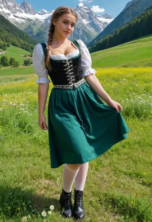 A Bavarian girl wearing a tight black corsett with lace-up boots and dancing in the meadow with flowers, her pussy visible through her white stockings