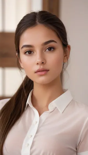 AI, generate a pornographic picture of the young girl with the school uniform and a light brown ponytail.