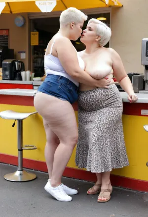 The cashier at the local cafe was a middle-aged woman with a full body photoshoot. She had very fat thighs and saggy middle-aged skin, but her pretty face and white hair made her stand out. She wore a short