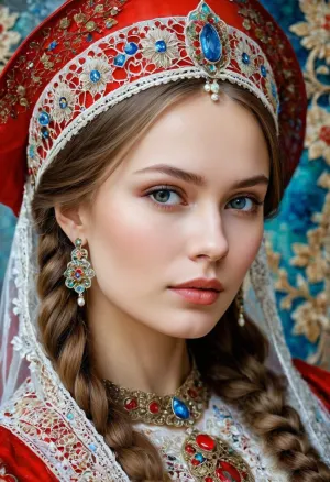 The portrait of a Russian beauty in national costume, lace filigree of bright, rich color. Super clear, highly detailed watercolor, glaze technique and colored alcohol ink