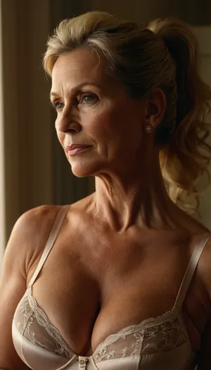 Une femme de 45 ans avec une apparence milf, portant une queue de cheval réaliste et une lumière sombre en arrière-plan, regardait le spectateur avec son éclairage doux et la vue du haut du corps