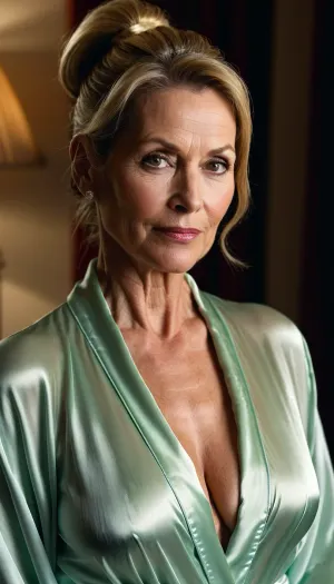 Une femme de 45 ans avec une robe satinée transparente et sexy et un nichons, regardait le spectateur avec un sourire sur son visage. Elle avait un éclairage doux en arrière-plan qui a mis en évidence ses courbes et fait son look encore plus