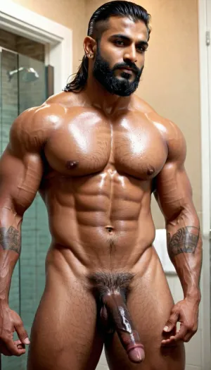 एक photorealistic और अत्यधिक विस्तृत AI-generated अश्लील तस्वीर मुस्लिम बॉडी बिल्डर के साथ लंबे दाढ़ी, मांसपेशी, गीले बाल वापस slicked, टैटू, बाथरूम, हाय-रेस 4k सुंदर वॉल्यूमेट्रिक प्रकाश सिनेमाई प्रकाश सिनेमाई तेज