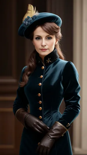 The young woman in the picture is wearing a "Francis" hat, which was a popular style in the 1880s. She is wearing a velvet hat with elegant light feathers, "Swedish" gloves made of the latest fashion of